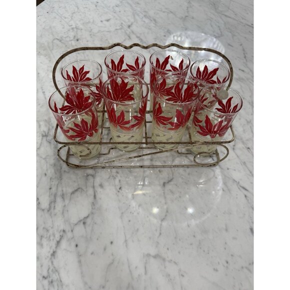 Federal Other - MCM Vintage Federal Beverage Glasses Red Leaves & White Lattice With Caddy RARE